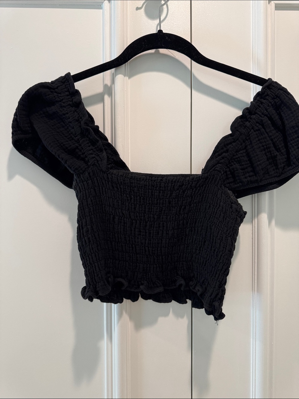 MAJORELLE Black Smocked Puff-Sleeve Crop Top
